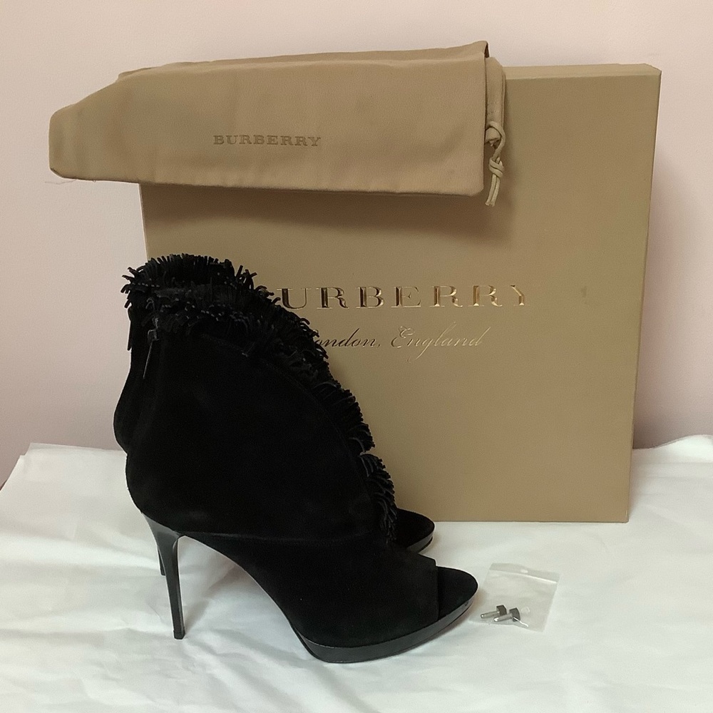 Burberry Nadison Suede Fringe Platform Peep-Toe Ankle Bootie